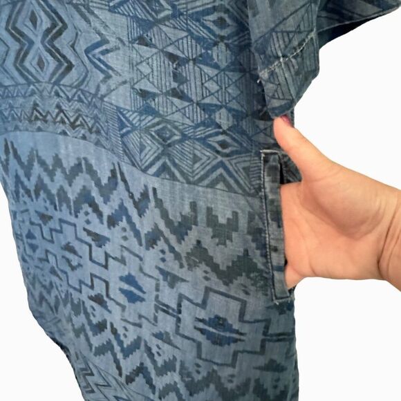 Chelsea & Theodore Aztec Chambray Tencel Shift Shirt Dress Womens Medium Blue - Picture 8 of 8